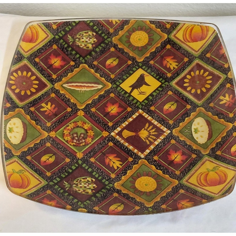 Vintage Fall Glass Plate 10" Square Decoupage Autumn Patchwork Pumpkin Platter